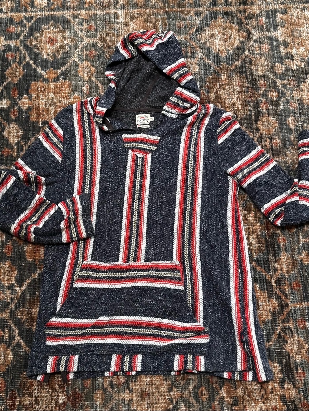 Faherty Striped Hooded Baja Pullover - Navy, Red & White Med